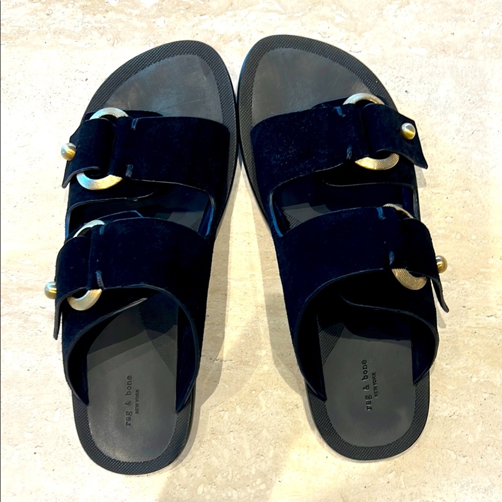 Black and Gold Three-Strap Sandals with Buckle Closure